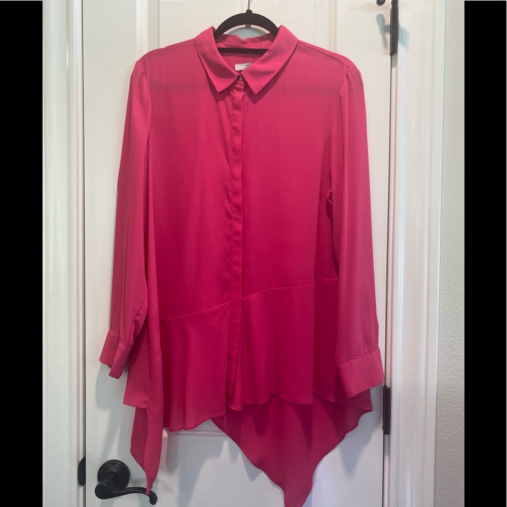 Like New! H Halston Asymmetrical Tunic Dressy Blouse with glossy silver buttons